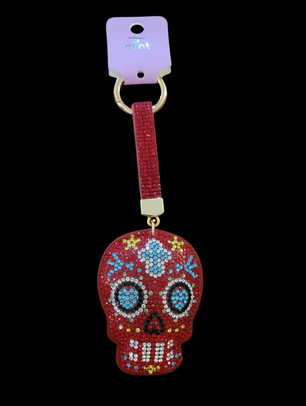 Mint Red Crystal Sugar Skull Keychain Wristlet with Blue & White Accents